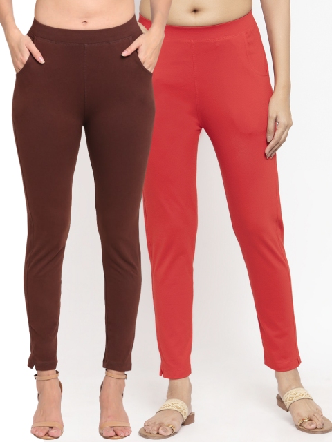 

NEUDIS Women Pack Of 2 Solid Ankle-Length Slim Fit Leggings, Brown