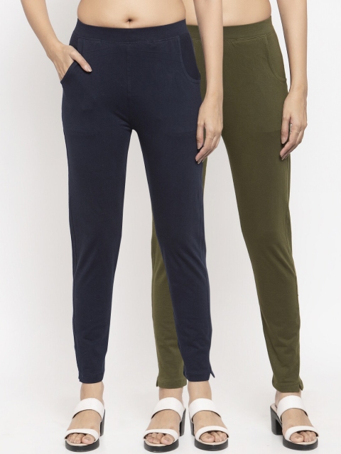 

NEUDIS Women Pack Of 2 Solid Ankle-Length Slim-Fit Leggings, Navy blue