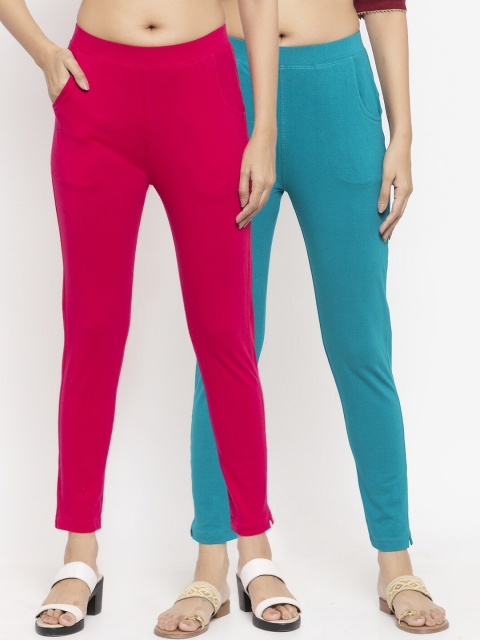 

NEUDIS Women Pack of 2 Magenta & Teal Green Solid Ankle Length Leggings