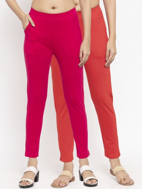 

NEUDIS Women Pack Of 2 Solid Ankle-Length Slim-Fit Leggings, Magenta