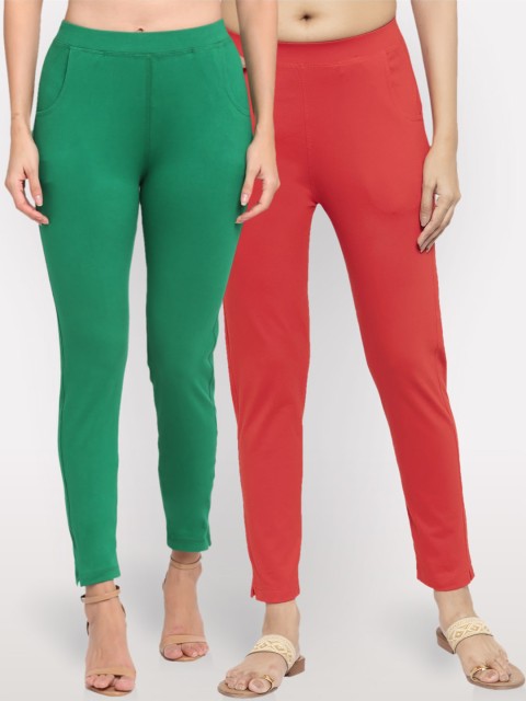 

NEUDIS Women Pack Of 2 Solid Slim-Fit Ankle-Length Leggings, Green