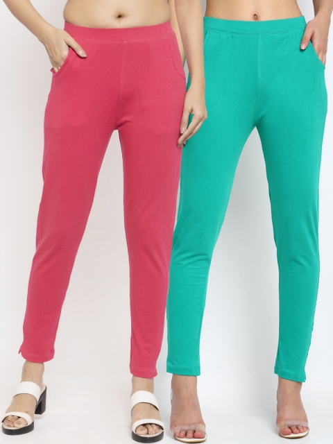 

NEUDIS Women Pack Of 2 Solid Cotton Slim-Fit Ankle-Length Leggings, Teal