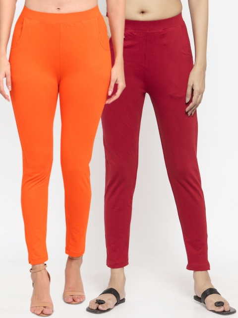 

NEUDIS Women Pack Of 2 Solid Slim-Fit Ankle-Length Leggings, Orange