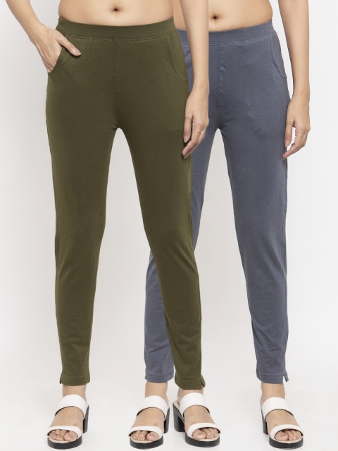 

NEUDIS Women Pack of 2 Solid Slim Fit Ankle Length Leggings, Olive