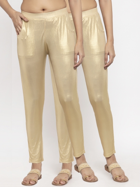 

NEUDIS Women Pack Of 2 Gold-Coloured Solid Slim-Fit Ankle-Length Leggings
