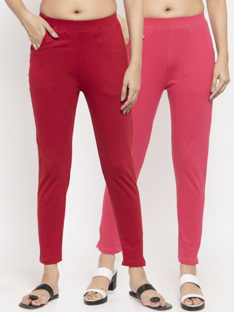 

NEUDIS Women Pack Of 2 Solid Ankle-Length Slim-Fit Leggings, Maroon