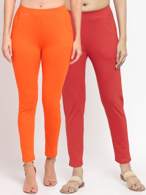 

NEUDIS Women Pack Of 2 Solid Slim-Fit Ankle-Length Leggings, Orange