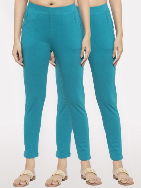 

NEUDIS Women Pack Of 2 Solid Ankle-Length Slim-Fit Leggings, Teal
