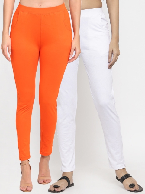 

NEUDIS Women Pack Of 2 Solid Slim-Fit Ankle-Length Leggings, Orange