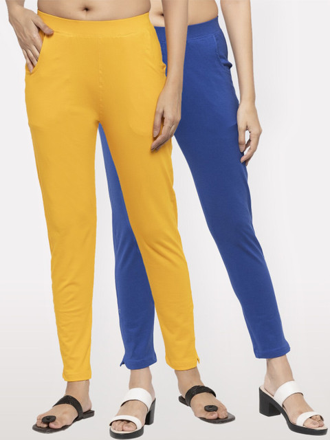 

NEUDIS Women Pack of 2 Yellow & Blue Solid Ankle Length Leggings