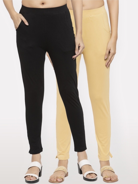 

NEUDIS Women Pack Of 2 Solid Slim-Fit Ankle-Length Leggings, Black