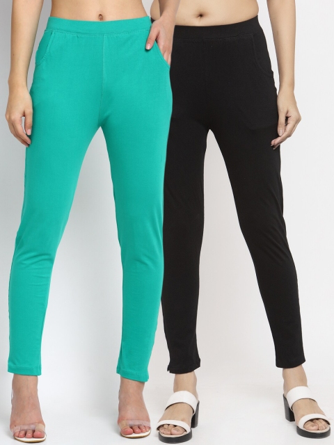 

NEUDIS Women Pack Of 2 Solid Slim-Fit Ankle-Length Leggings, Teal