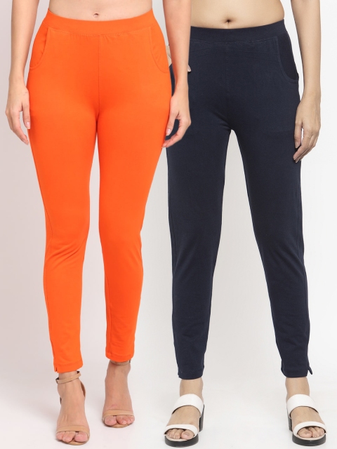 

NEUDIS Women Pack of 2 Solid Slim Fit Ankle Length Leggings, Orange