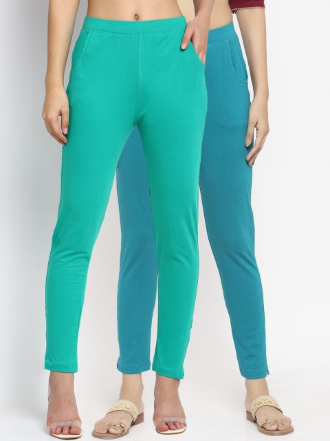 

NEUDIS Women Pack Of 2 Solid Ankle-Length Slim-Fit Leggings, Teal