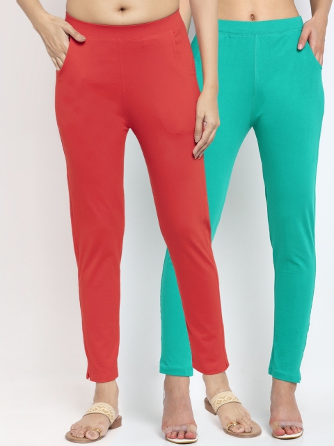 

NEUDIS Women Pack Of 2 Solid Slim-Fit Ankle-Length Leggings, Sea green