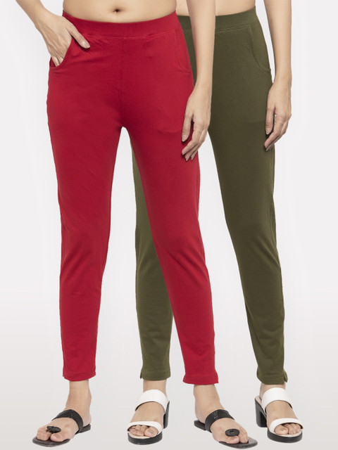 

NEUDIS Women Pack Of 2 Solid Ankle-Length Slim-Fit Leggings, Maroon