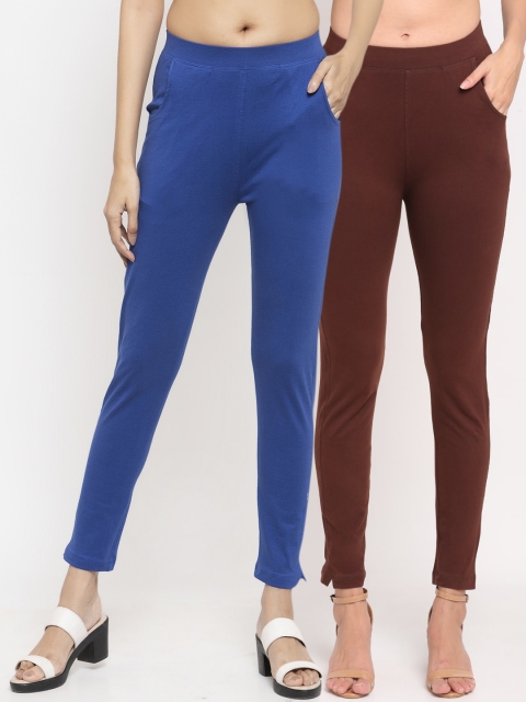 

NEUDIS Women Pack Of 2 Solid Slim-Fit Ankle-Length Leggings, Brown