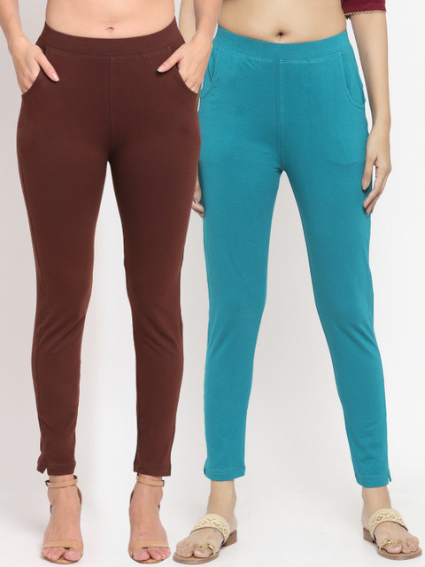 

NEUDIS Women Pack Of 2 Solid Slim-Fit Ankle-Length Leggings, Brown