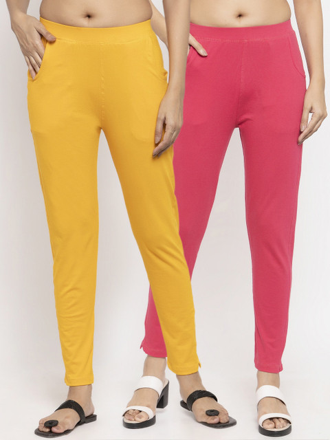 

NEUDIS Women Pack Of 2 Solid Slim-Fit Ankle-Length Leggings, Yellow