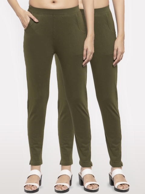 

NEUDIS Women Pack Of 2 Olive Green Solid Ankle-Length Slim-Fit Leggings