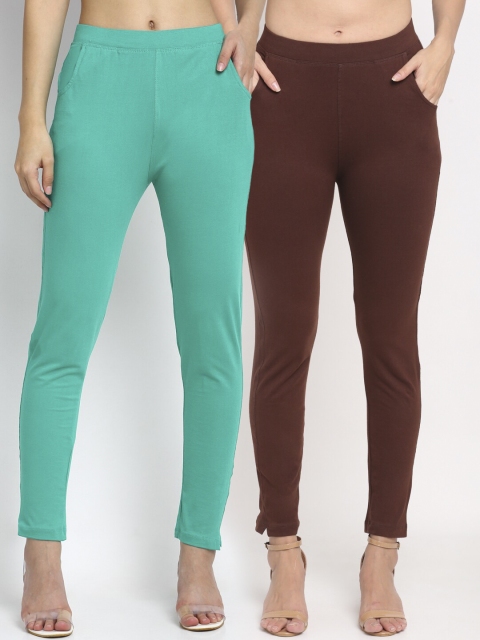 

NEUDIS Women Set of 2 Brown & Teal Blue Cotton Lycra Ankle Length Leggings