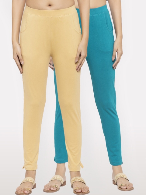 

NEUDIS Women Pack Of 2 Beige & Teal Blue Solid Slim-Fit Ankle-Length Leggings