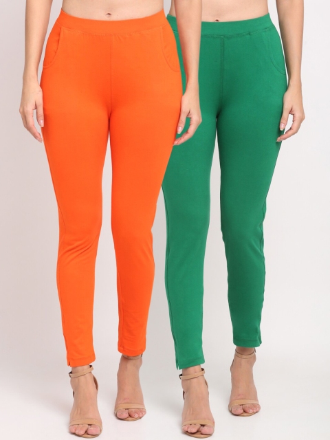 

NEUDIS Women Set of 2 Orange & Teal Cotton Lycra Ankle Length Kurti Pant