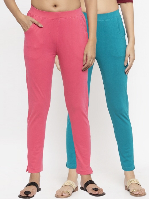 

NEUDIS Women Pack Of 2 Pink & Teal Solid Slim-Fit Ankle-Length Leggings