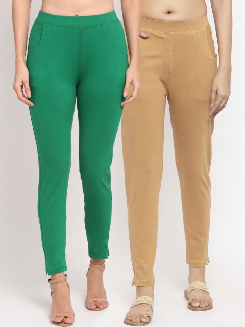 

NEUDIS Women Pack Of 2 Green & Beige Solid Slim-Fit Ankle-Length Leggings