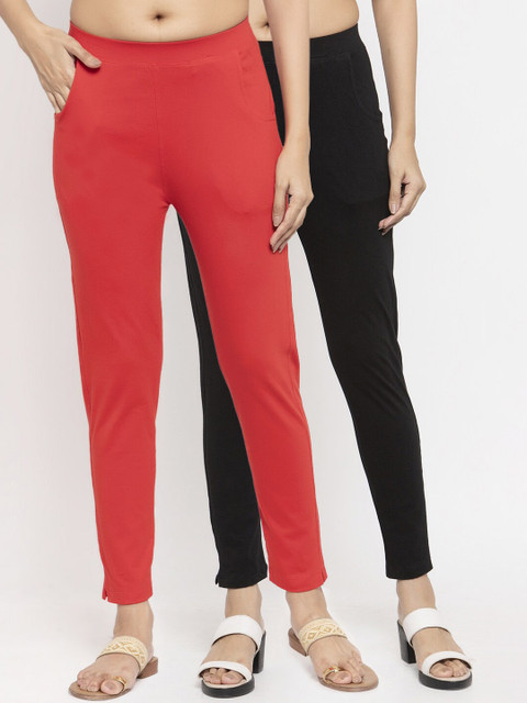 

NEUDIS Women Pack Of 2 Solid Slim-Fit Ankle-Length Leggings, Black
