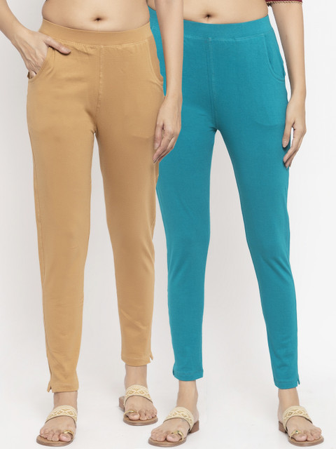 

NEUDIS Women Pack Of 2 Solid Slim-Fit Ankle-Length Leggings, Beige