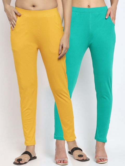 

NEUDIS Women Pack Of 2 Teal & Yellow Solid Slim-Fit Ankle-Length Leggings
