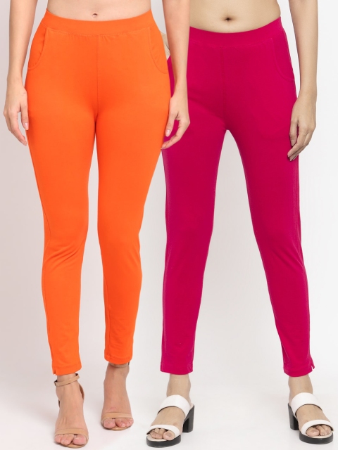 

NEUDIS Women Set of 2 Orange & Magenta Cotton Lycra Ankle Length Leggings