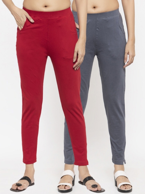 

NEUDIS Women Pack Of 2 Solid Ankle-Length Slim-Fit Leggings, Maroon