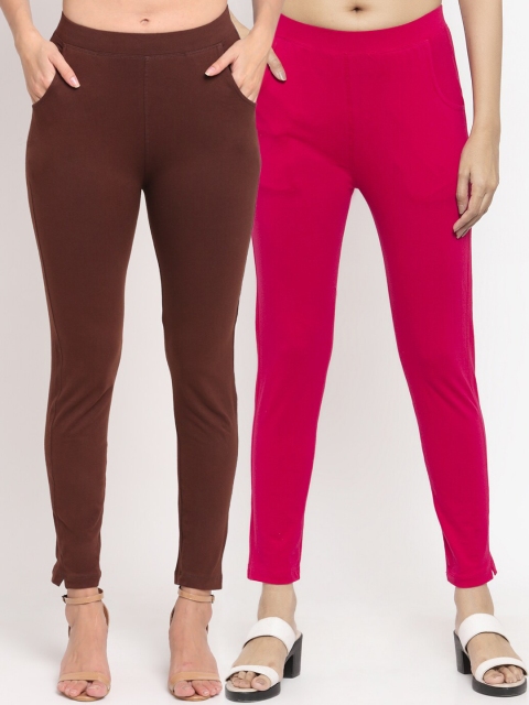 

NEUDIS Women Set of 2 Brown & Magenta Cotton Lycra Ankle Length Leggings