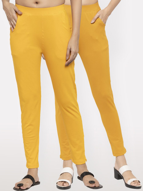

NEUDIS Women Pack Of 2 Solid Slim-Fit Ankle-Length Leggings, Yellow