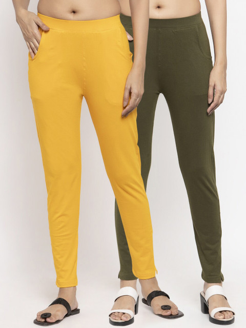 

NEUDIS Women Pack Of 2 Solid Slim-Fit Ankle-Length Leggings, Yellow