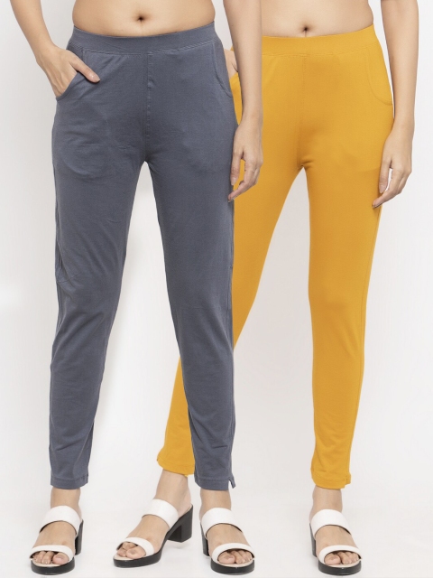 

NEUDIS Women Pack Of 2 Solid Slim-Fit Ankle-Length Leggings, Mustard
