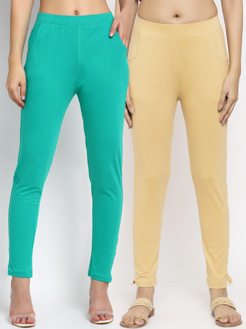 

NEUDIS Women Set of 2 Green & Beige Ankle Length Leggings, Teal