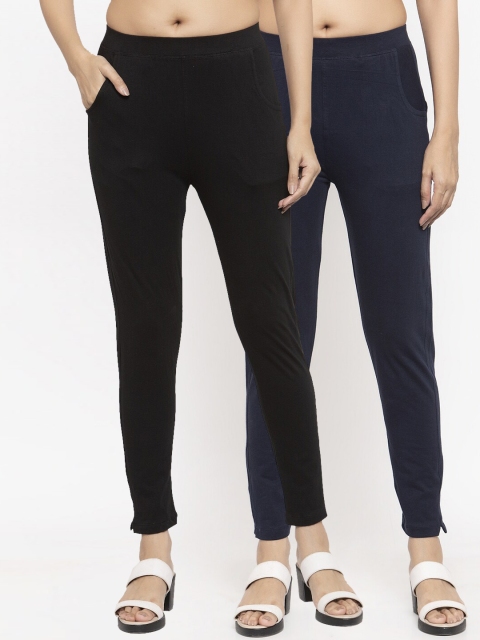

NEUDIS Women Set of 2 Black and Navy Blue Cotton Lycra Ankle Length Legging