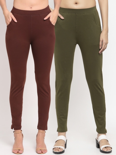 

NEUDIS Women Pack Of 2 Brown & Olive Solid Ankle-Length Slim-Fit Leggings