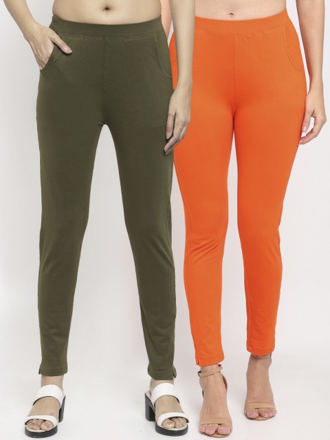 

NEUDIS Women Pack Of 2 Solid Slim-Fit Ankle-Length Leggings, Orange