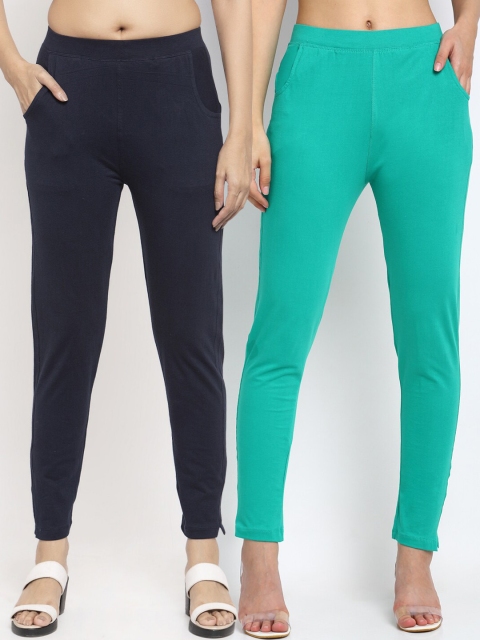 

NEUDIS Women Set of 2 Teal & Navy Blue Solid Ankle Length Leggings