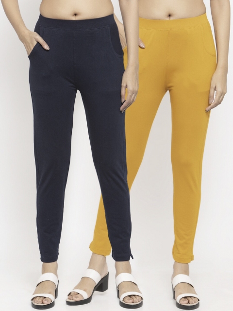 

NEUDIS Women Pack of 2 Mustard Yellow & Navy Blue Ankle Length Leggings