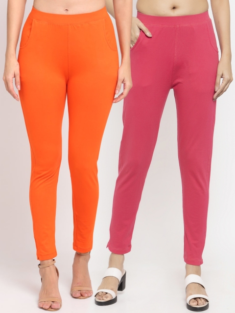 

NEUDIS Women Pack Of 2 Solid Slim-Fit Ankle-Length Leggings, Orange