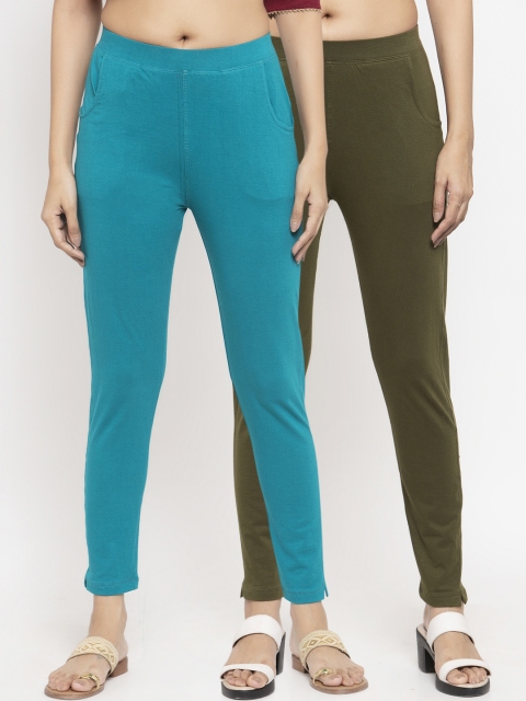 

NEUDIS Women Pack Of 2 Solid Slim-Fit Ankle-Length Leggings, Teal