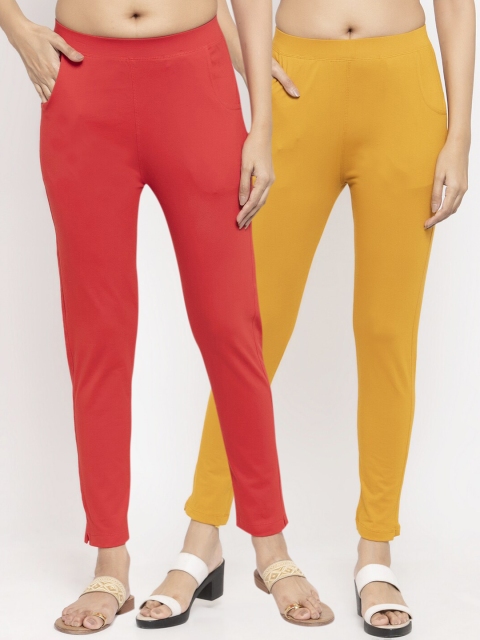 

NEUDIS Women Pack Of 2 Solid Ankle-Length Slim-Fit Leggings, Mustard