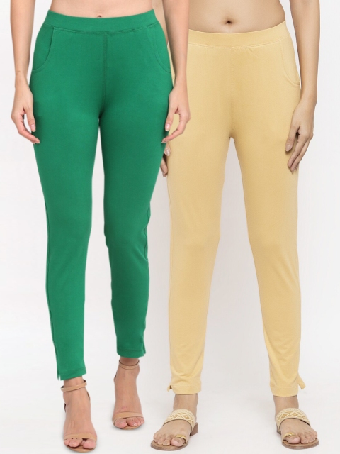 

NEUDIS Women Set of 2 Cotton Lycra Ankle Length Leggings, Green
