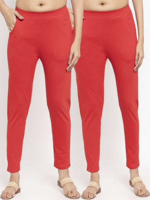 

NEUDIS Women Pack Of 2 Solid Slim-Fit Ankle-Length Leggings, Red
