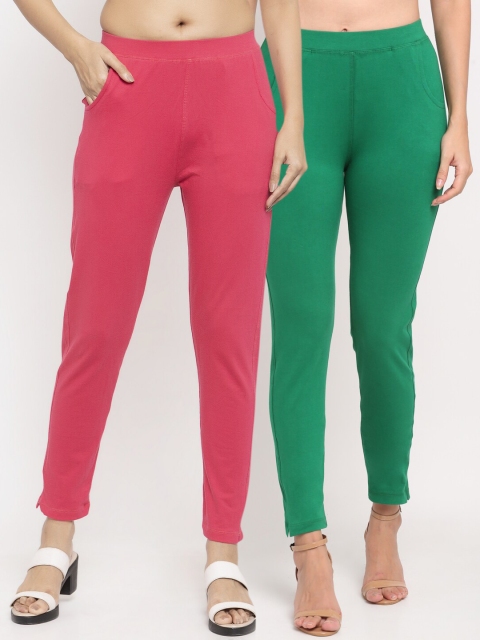

NEUDIS Women Pack Of 2 Solid Slim-Fit Ankle-Length Leggings, Green